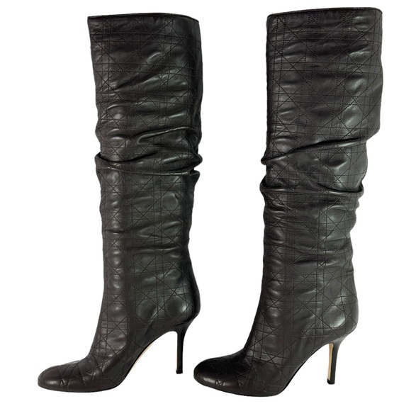 CHRISTIAN DIOR Quilted Brown Leather Cannage Slouch Women's Boots 37.5 - 7.5 US - Picture 4 of 15